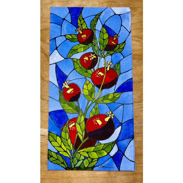 Framed Original painting of stained glass Pomegranates inspired by the Bible Old Testament Temple decorations. Framed in a...