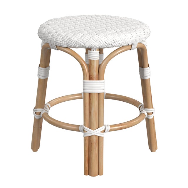 2020s Tobias 18 in. Seat Height Round Rattan Dining Stool, Glossy White/ Natural Rattan Frame For Sale - Image 5 of 7