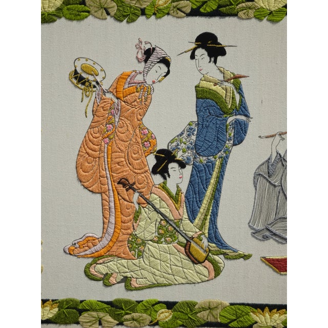 White Vintage Five Oriental Asian Women Musical Scene Embroidered Picture Wall Hanging For Sale - Image 8 of 12
