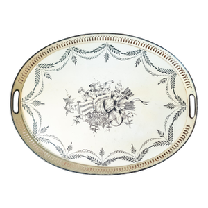 Mid-Century French Toleware Black and White Tray With Musical Theme