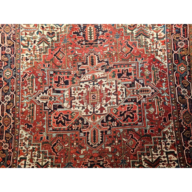 Vintage Heriz Rug, Hand-Knotted Wool, Geometric Medallion Pattern, Red & Navy, 9x11 For Sale - Image 14 of 17