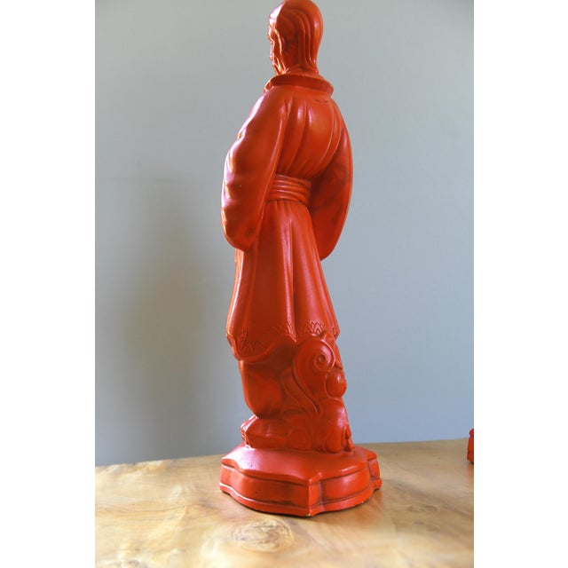 Pair of Vintage Orange/Vermilion Chalkware Emperor and Empress Statues From the Personal Collection of Artist Tawny Chatmon For Sale - Image 4 of 11