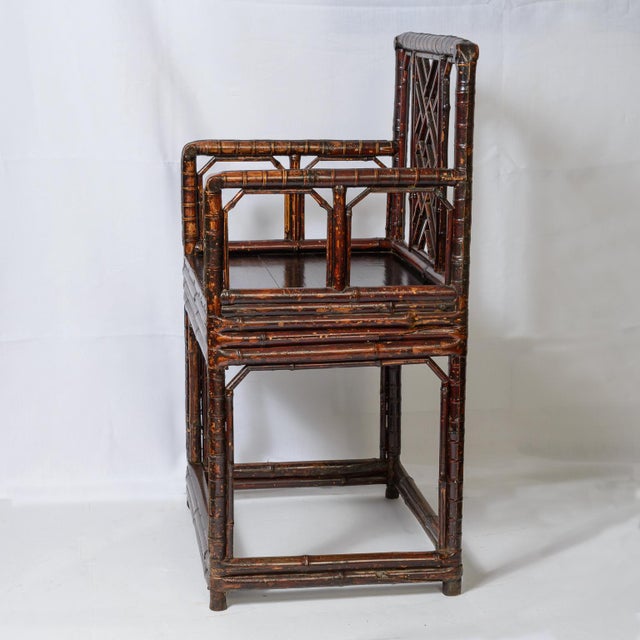 19Th C. Pair Chinese Dark Tortoiseshell Bamboo Armchairs Early For Sale - Image 4 of 12