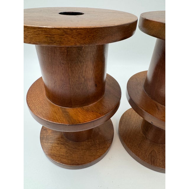 Mid-Century Modern Pair of West Elm Mid-Century Turned Wood Candlesticks For Sale - Image 3 of 5