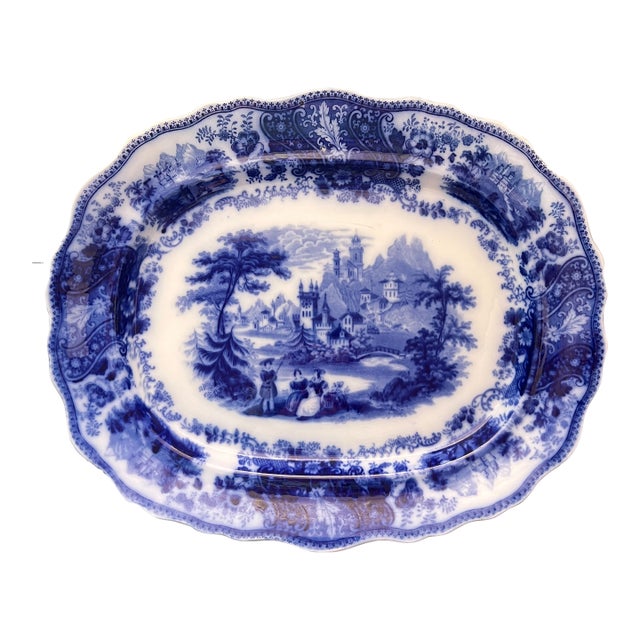 Antique Flow Blue "Nonpareil" by Burgess & Leigh 18" Oval Serving Platter For Sale