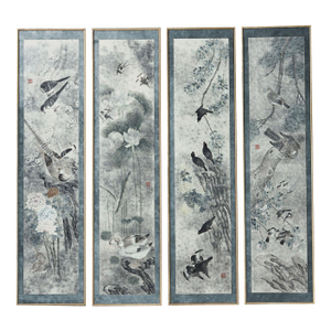 "Four Seasons'' With Blue Border Damask Chinese Painting Panel Set