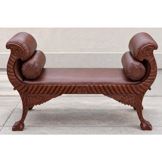 Brown 20th-C. Empire Regency Style Carvec Mahogany and Leather Bench Ottoman For Sale - Image 8 of 8