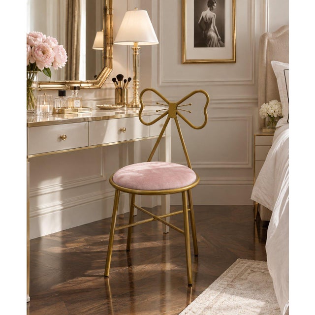 Hollywood Modern Style Bow Back Gold Metal Pink Velvet Vanity Chair For Sale - Image 4 of 4