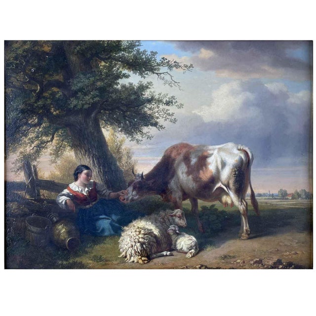 Tschaggeny, flemish pastoral landscape, 1849. This oil painting on oak panel depicts a bucolic scene, a landscape with...