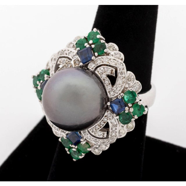 Art Deco Style 18k White Gold, Pearl, Multicolor Gemstone, and Diamond Ring For Sale - Image 4 of 9