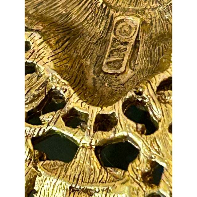 Victorian Vintage Signed Art Arthur Pepper Intaglio Cameo Brooch – Renaissance Revival Gold-Tone Filigree With Green Glass Cabochon & Tassel Chains For Sale - Image 3 of 8