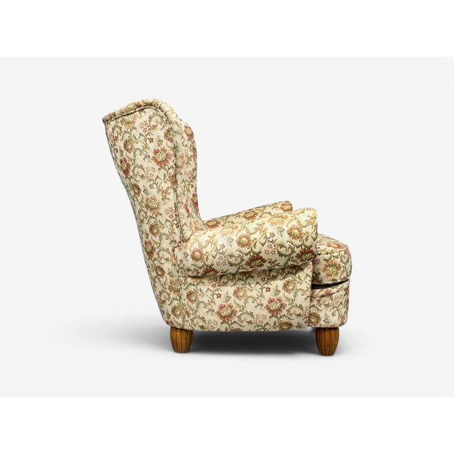 Danish Cabinetmaker, Large Wingback Chair, Floral Fabric, Wood, Denmark, 1950s For Sale - Image 9 of 11