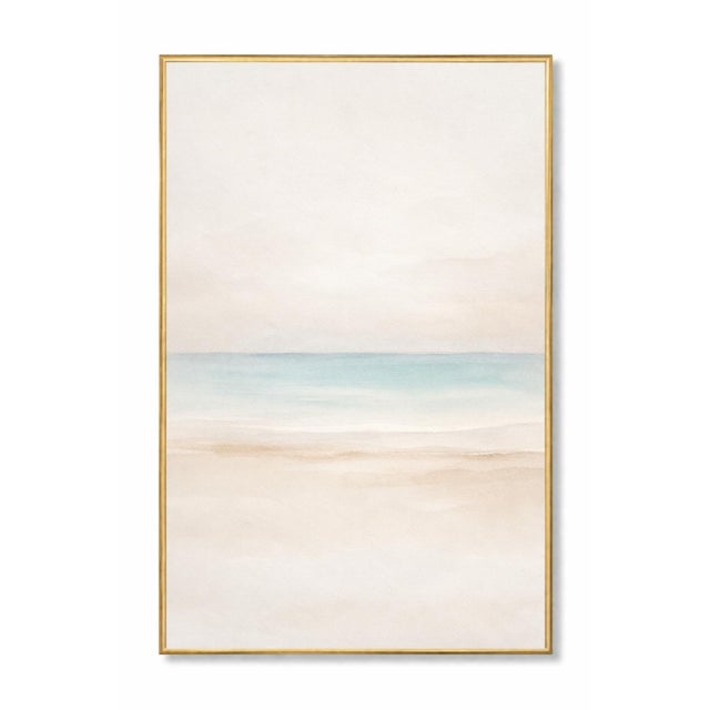 Soft abstract coastal artwork featuring a gentle horizon where pale sand meets muted blue water beneath an airy sky. The...