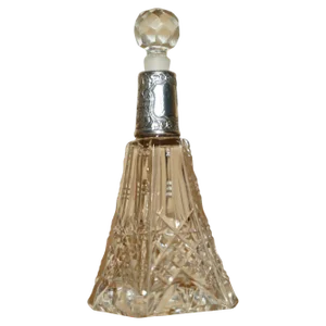 Antique Perfume Bottle Flask in Cut Glass Crystal & Sterling Silver, 1913