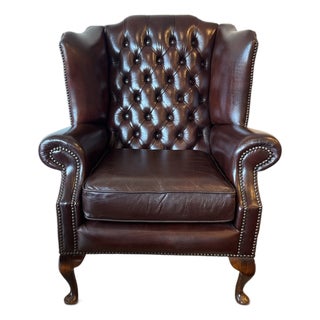 Vintage English Chesterfield Wingback Leather Chair For Sale