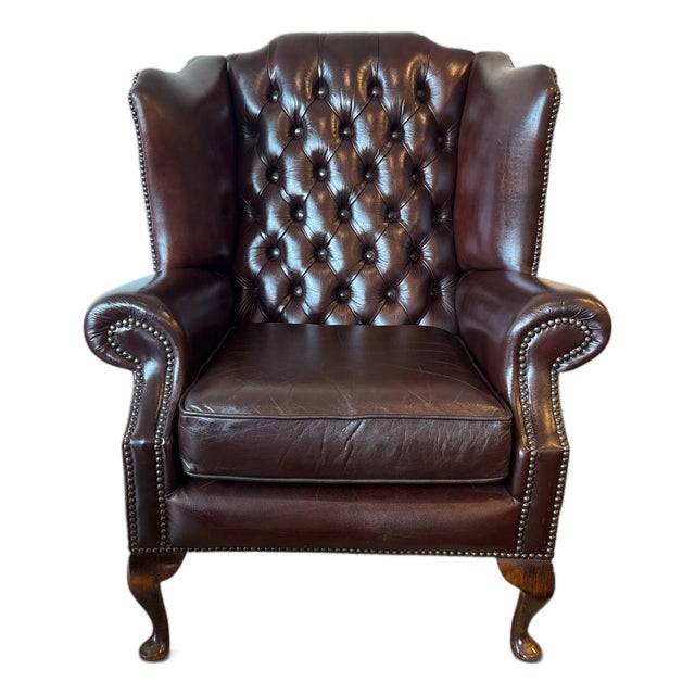 Vintage English Chesterfield Wingback Leather Chair For Sale