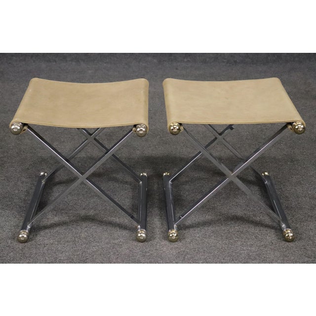 Metal Steel and Brass Leather Upholstered X Form Jansen Style Stool For Sale - Image 7 of 10