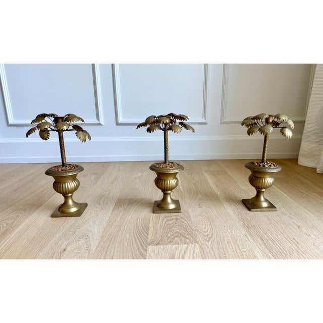 Metal Vintage Heavy Brass Palm Tree Candlesticks in Urn Bases – Set of Three – Circa 1970s For Sale - Image 7 of 8