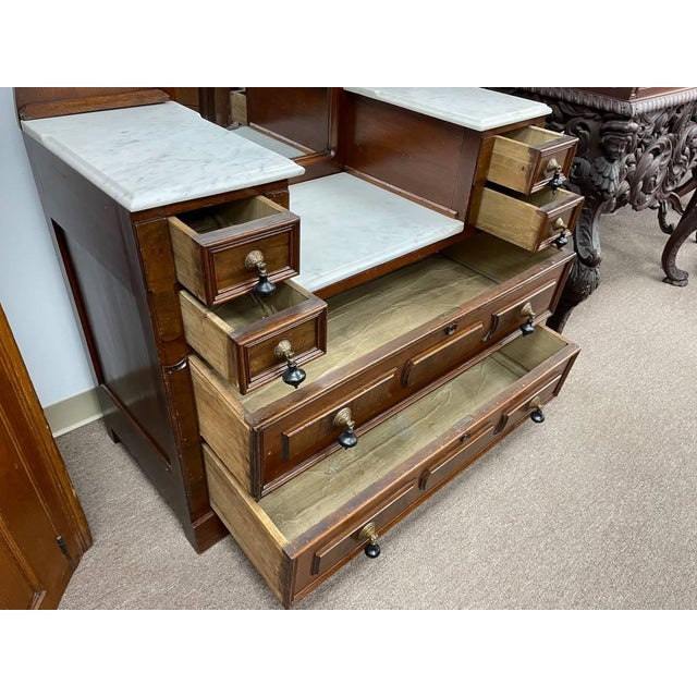 Wood Early 1900's Antique Mirrored Vanity Dresser, Handcarved Walnut, Marble Topped For Sale - Image 7 of 10