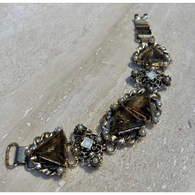 Vintage Jewel Smokey Quartz Silver Chain Bracelet For Sale In West Palm - Image 6 of 12