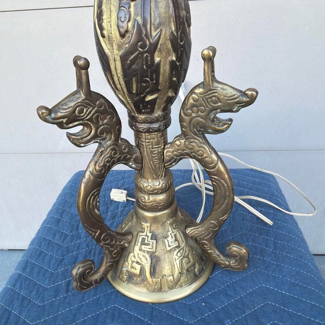 Mid 20th Century Chinese Archaistic Cast Brass Dragon Table Lamp - Attributed to James Mont For Sale - Image 16 of 18
