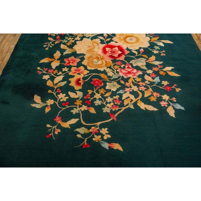1920s Army Green Floral Medallion Haute Modern Knotted Wool Antique Chinese Art Deco Rug For Sale - Image 4 of 6