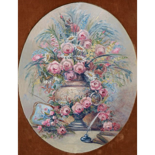 Mid-century oval floral still-life by M. Allen (American, 20th Century). Signed "M. Allen" lower right. Presented with a...
