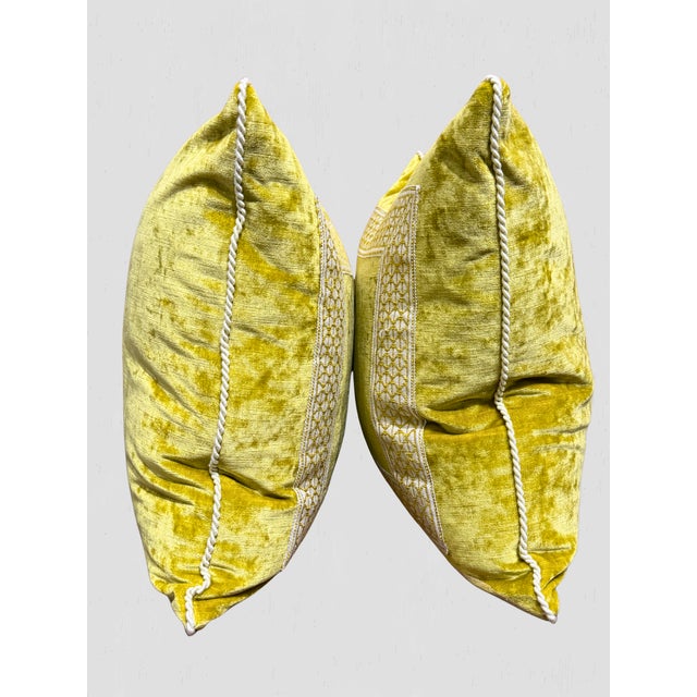 Yellow Velvet & Embroidered Tape Throw Pillow Pair For Sale - Image 4 of 7