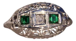 The 132nd Avenue: Antique Filigree Diamond and Emerald Ring in White Gold