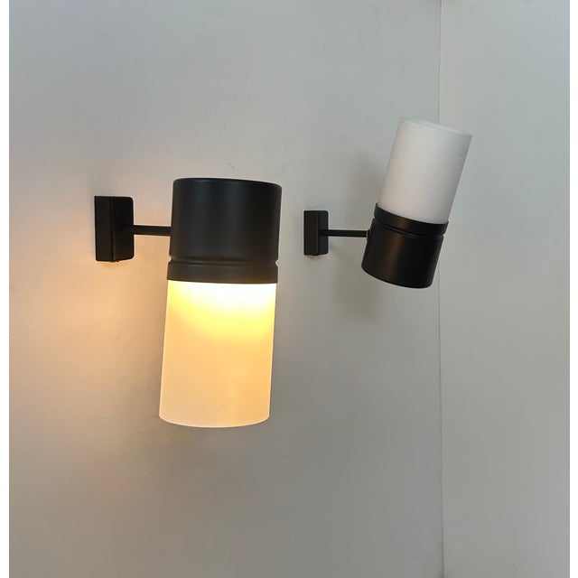 Vintage Matte Black Metal and Opaline Glass Adjustable Wall Lights, France, 1950, Set of 2 For Sale - Image 3 of 8
