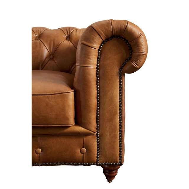 English Rolled Arm Sofa - Light Brown Leather For Sale - Image 9 of 10