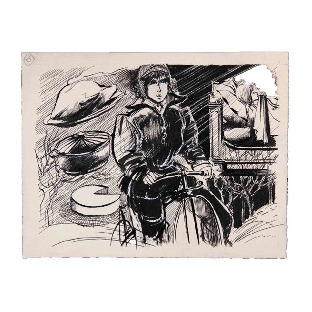 Norbert Meyre, Bike Woman, Original Drawing, Mid-20th-Century For Sale