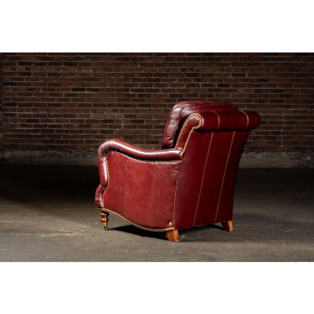Late 20th Century Pair of Plush Leather Armchairs With Ottoman in Burgundy For Sale - Image 11 of 18