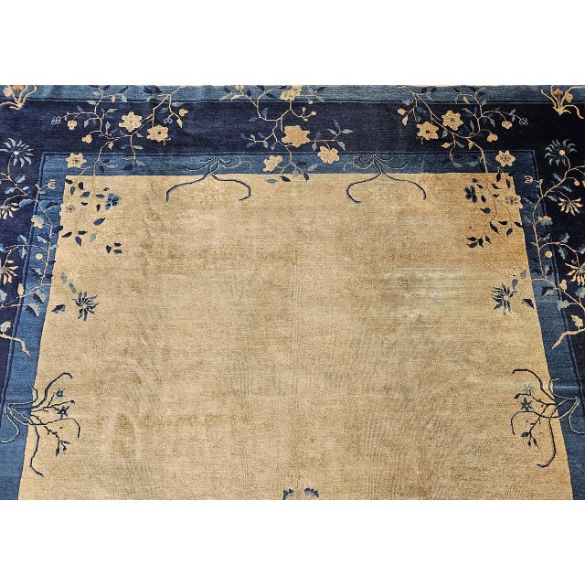 Antique Chinese Peking Rug, Wool Pile, Tan Field, Navy Border, 9' x 12' For Sale - Image 10 of 17