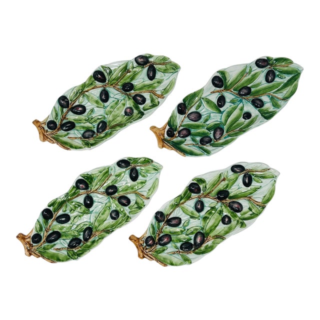 Vintage 1970s Italian Majolica Olive Leaf Relish Trays - Set of 4 For Sale