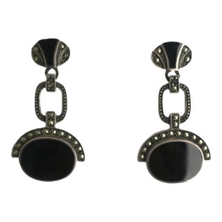 Black Onyx Sterling Silver Art Deco Dangle Earrings, Pair, Pierced, Circa Late-20th Century For Sale