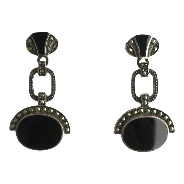 Black Onyx Sterling Silver Art Deco Dangle Earrings, Pair, Pierced, Circa Late-20th Century For Sale