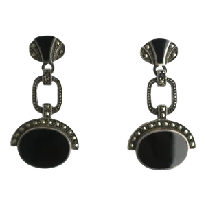 Black Onyx Sterling Silver Art Deco Dangle Earrings, Pair, Pierced, Circa Late-20th Century