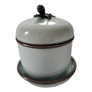 Vintage Celadon Porcelain Lidded Pot and Saucer with Bronze Hazelnut from Royal Limoges, 1960s, Set of 2 For Sale