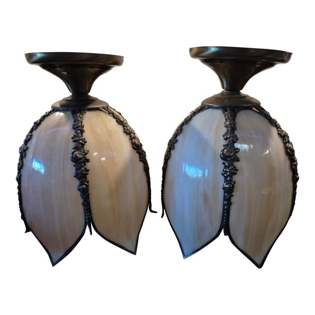 Mid 20th Century Art-Nouveau 5-Panel Tulip Slag Stained Glass Lamp Shade Ceiling Light Fixtures - a Pair For Sale