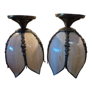 Mid 20th Century Art-Nouveau 5-Panel Tulip Slag Stained Glass Lamp Shade Ceiling Light Fixtures - a Pair