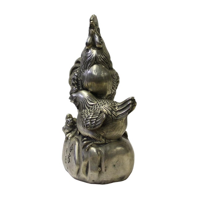 This is a Chinese Fengshui Rooster family Figure made of metal in vintage silver color Dimensions: 8" x 4" x h9.25"...