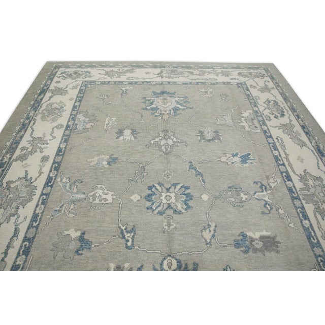 Early 21st Century Gray & Blue Floral Design Handwoven Wool Turkish Oushak Rug 9'1" X 12' For Sale - Image 4 of 8