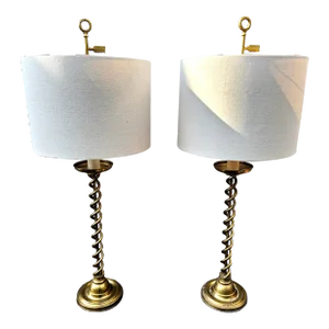 Mid 20th Century Warren Kessler Brass Barley Twist Candlestick Table Lamps - a Pair