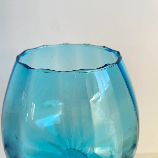 Glass Vintage Empoli Optic Turquoise Blue Tall Italian Art Glass Vase 1960s Mid Century Modern For Sale - Image 7 of 12