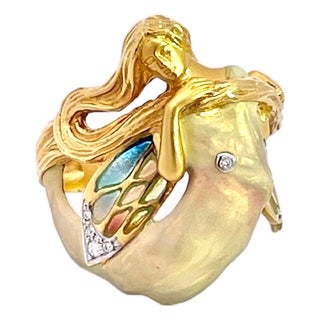 1980s Masreira Mermaid Enamel Ring 18k, Size 6 For Sale