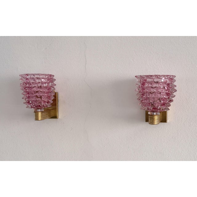 Italian Art Deco Brass and Pink Rostrato Murano Glass Wall Sconces, 1990s, Set of 2 For Sale - Image 9 of 13