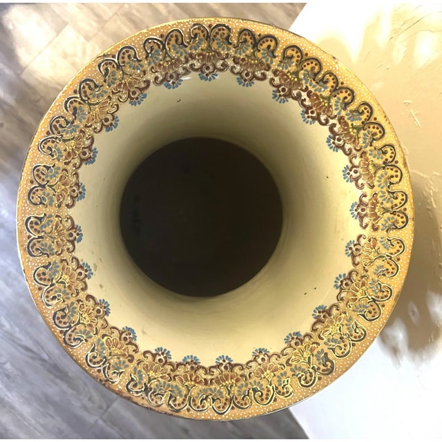 This is a large, decorative porcelain floor vase, Asian origin, Chinese or Japanese Satsuma style. Intricate hand-painted...