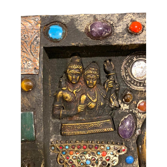 Antique Nepalese Durga Hindu Shrine Brass Wood Stone Inlaid Wall Plaque C1900 For Sale - Image 10 of 16