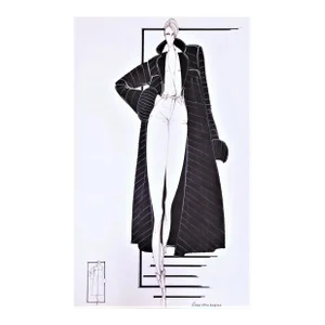 1980s Large French Fashion Drawing, Signed, Matted